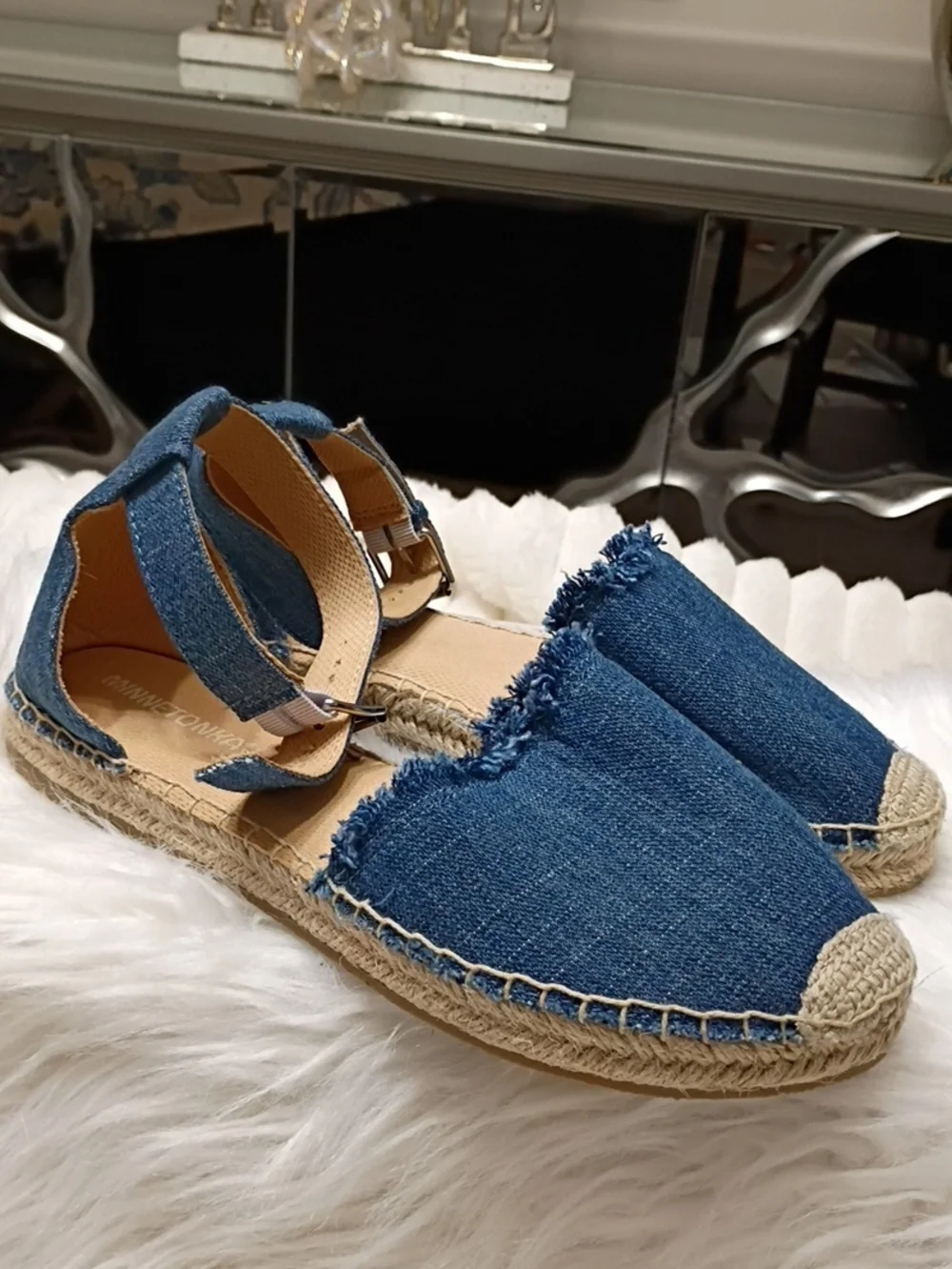 New W/Flaw Minnetonka Denim Blue Espadrille Sandals with Ankle Strap 8M